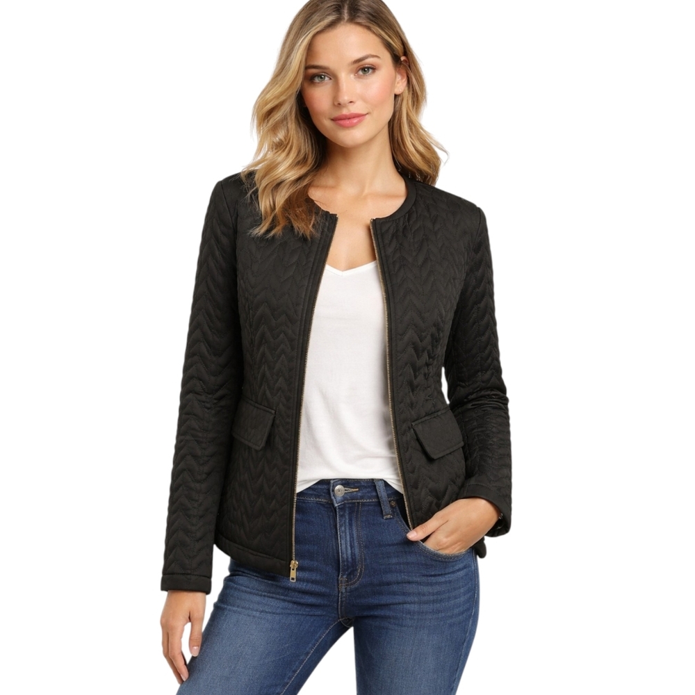 Karl Lagerfeld Chevron Quilted Full Zip Black Jacket Size S